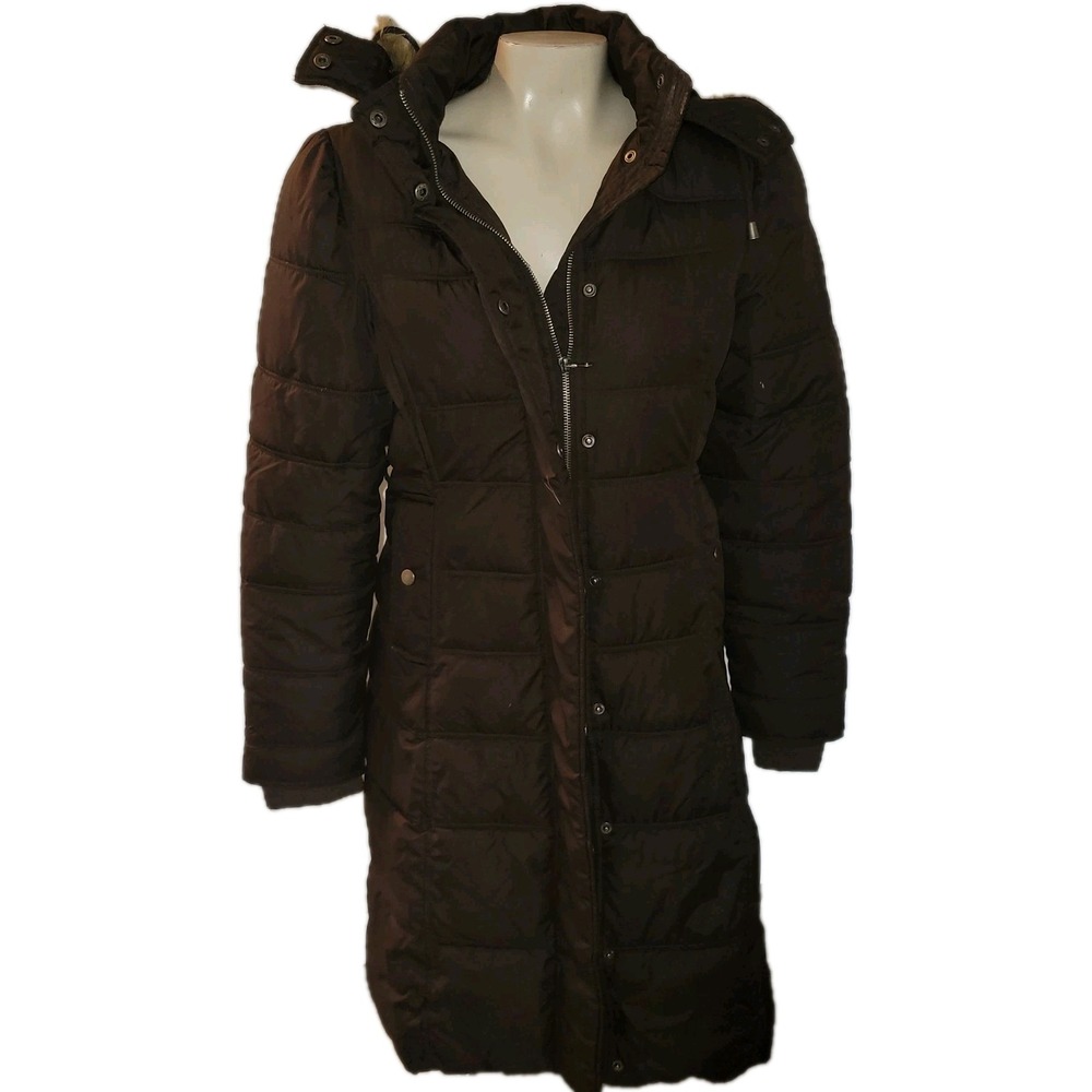 MOSSIMO Puffer Coat Brown Quilted Longline Padded Winter Jacket Warm Fur hood S - Picture 1 of 12